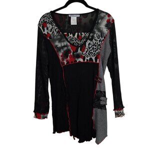 Dzhavael Couture Asymmetrical‎ Patchwork Tunic Top XL Boho Artsy Mesh Sleeve